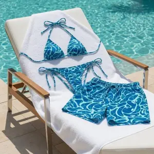 [HOT SUMMER 2026] Blue Abstract Wave Matching Couple Swimwear Set – Triangle Bikini & Board Shorts, Tropical Beach Vacation Outfit