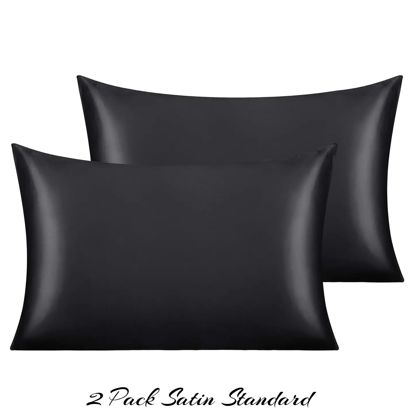 J9 | 2 Pack Satin Standard Pillowcases for Hair and Skin, Luxurious and Silky Pillow Cases with Envelope Closure, 20x26 Inches, Black