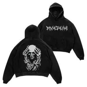 Dark Horror Aesthetics Skull Hoodie - Grunge Sketch Skeleton Graphic - Acid Wash Streetwear Sweatshirt - Unisex Y2K Grunge Hoodie with Heavyweight Cotton Fleece - Medium Length - Long Sleeve - Casual Rock Style
