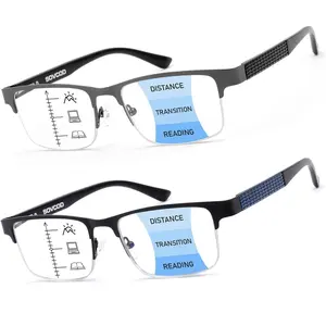 ZOECHIC 2 Pack Mens Quality Progressive Multifocus Reading Glasses Blue Light Blocking Man Spring Hinge Multifocal Readers Half Frame Metal Eyeglasses