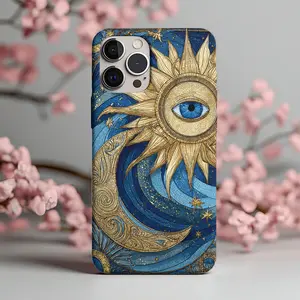 Celestial Sun Moon Eye Phone Case, Stained Glass Blue Gold Art, Mystical Witchy Aesthetic Protective Cover