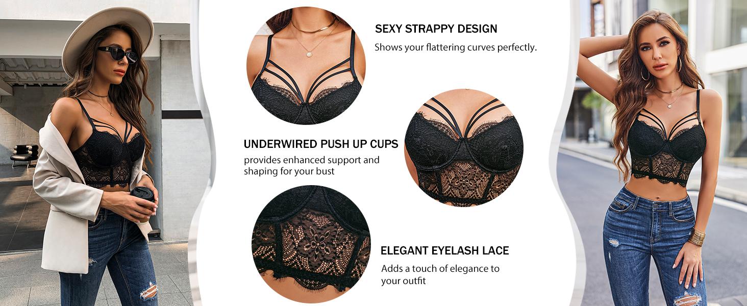 Avidlove Lace Bralette for Women V Neck Camisoles Adjustable Strap Two Layer Crop Top Bustier Tops Floral Pattern Backless Breathable Blazer Womenswear