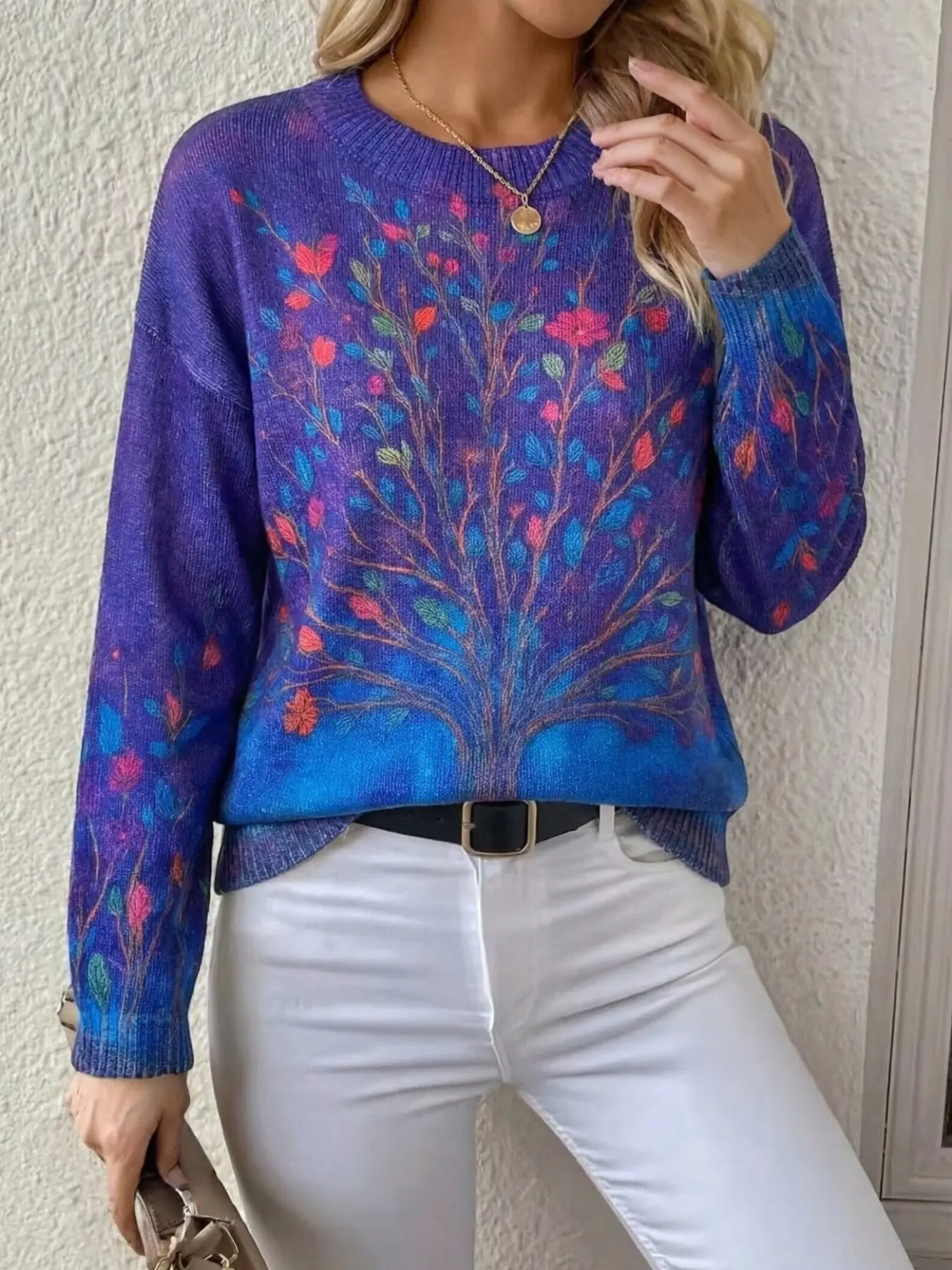 Elegant Women's Knit Sweater, Printed Effect, Colorblock Pullover, Fashionable Casual Wear, Long Sleeve Jumper, All-Season Clothing