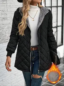 Women's Solid Zipper Quilted Hooded Jacket, Casual Long Sleeve Pocket Design Thermal Lined Outerwear for Fall & Winter, Women's Clothing for Daily Wear
