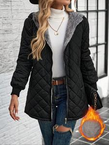 women's solid zipper quilted hooded jacket, casual long sleeve pocket design thermal lined outerwear for fall & winter, women's clothing for daily wear