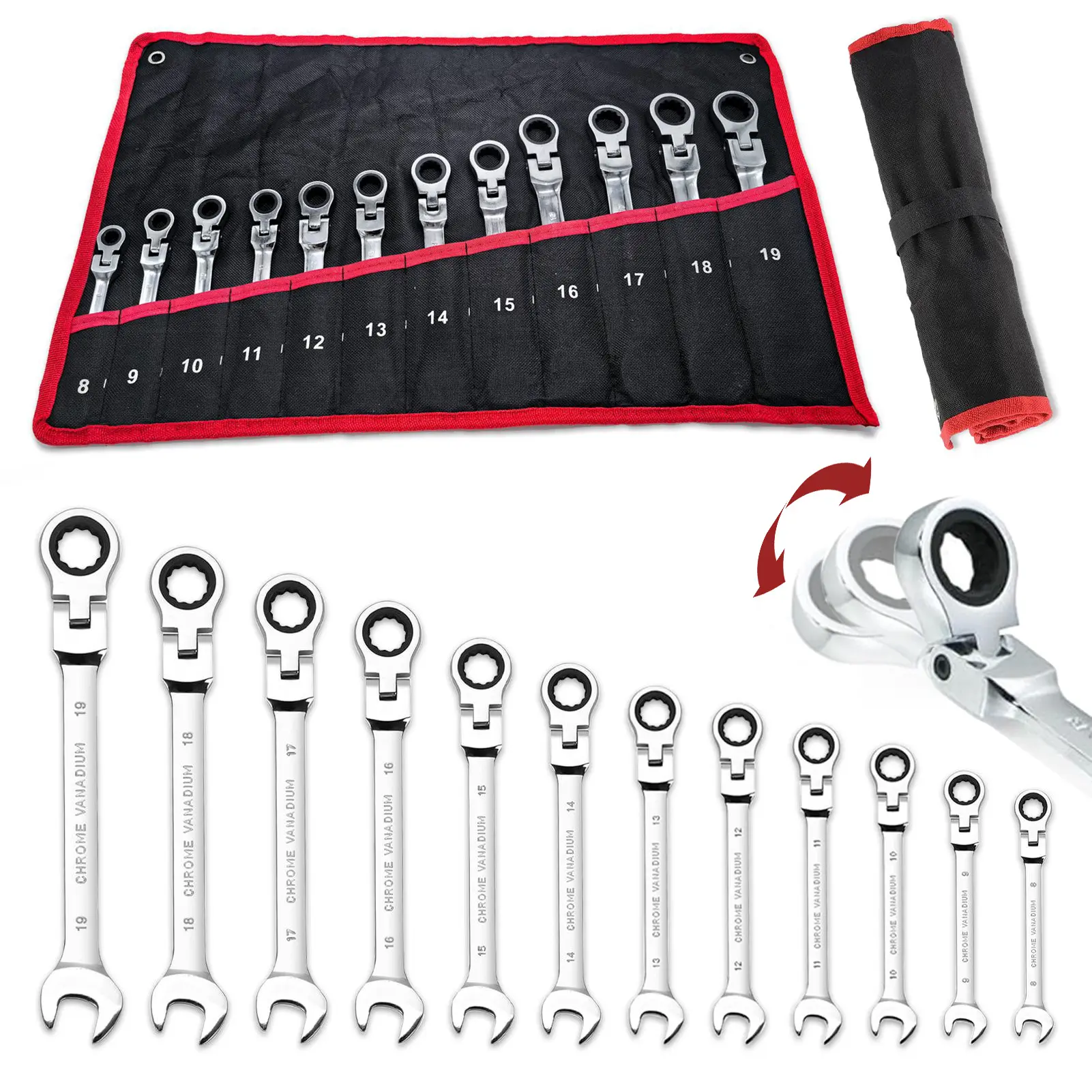 12PCS Flex Head Ratcheting Combination Wrench Set, 8–19mm Metric Chrome Vanadium Steel Ratchet Wrenches, 72-Tooth Flexible Box End Spanner Kit with Storage Roll Pouch for Automotive, Bike Repair & Household Use