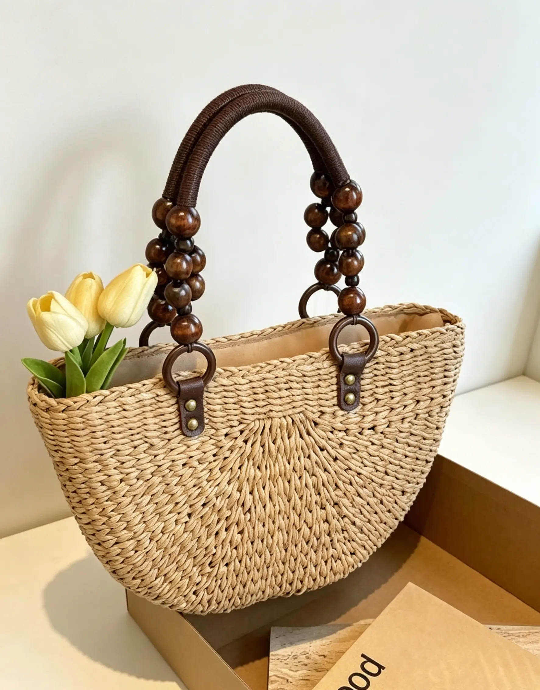 Handwoven Large Straw Tote Bag - Spacious High-Capacity Sports & Outdoor Shoulder Bag with Beaded Accents, Wooden Bead Handles for Summer Beach Trips