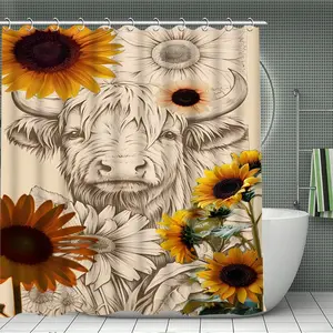 JIT 1/3/4 pcs bathroom set with sunflower-embroidered highland cow pattern bathroom decoration set. Toilet lid, bathroom mat, shower curtain, 12 hooks, suitable for bathroom home decoration.