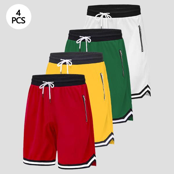 Men&rsquo;s casual athletic shorts with zippered pockets, breathable polyester fiber, elastic waistband, available in multiple colors; basketball shorts and sportswear suitable for running, training, and fitness.