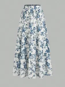 Vintage Floral Print Elastic Waist Pleated Hem A-Line Skirt, Women's Casual Fashion Bottoms, Comfortable, Stylish & Fit Elegance Design, Boho, Womenswear, Casual Comfy Skirt