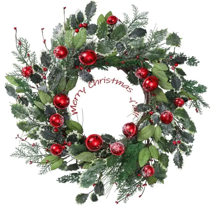 YNYLCHMX 20 Inch Winter Wreath for Front Door, Winter Wreaths with Pine Needles Holly Red Bells, Artificial Door Snowy Wreaths for Outdoor Indoor Reef Farmhouse Windows Wall Holiday Decoration