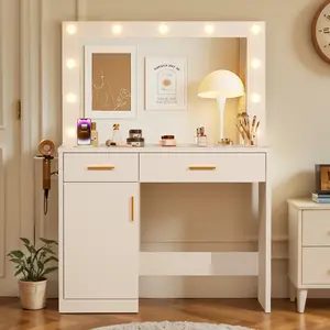 Hollywood Bulb Vanity Desk with 35.4" Mirror, 3-Color Adjustable Lights, Built-in Charging Ports (2AC/USB/C), Large Storage Drawers & Cabinet, White