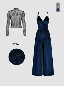 Women's Sexy Transparent Lace Jumpsuit and Tee Set, Long Sleeve Fitted High Waist for Home and Outdoor, Elegant and Casual Style