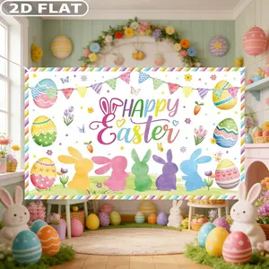 2D FLAT 1pc Happy Easter Banner Festive Backdrop Party Banner, 71x44 Inch Polyester Happy Easter Photography Background for Spring Party Decor, Watercolor Cute Rabbit Colorful Eggs Floral Green Grass Easter's Day Party Decor