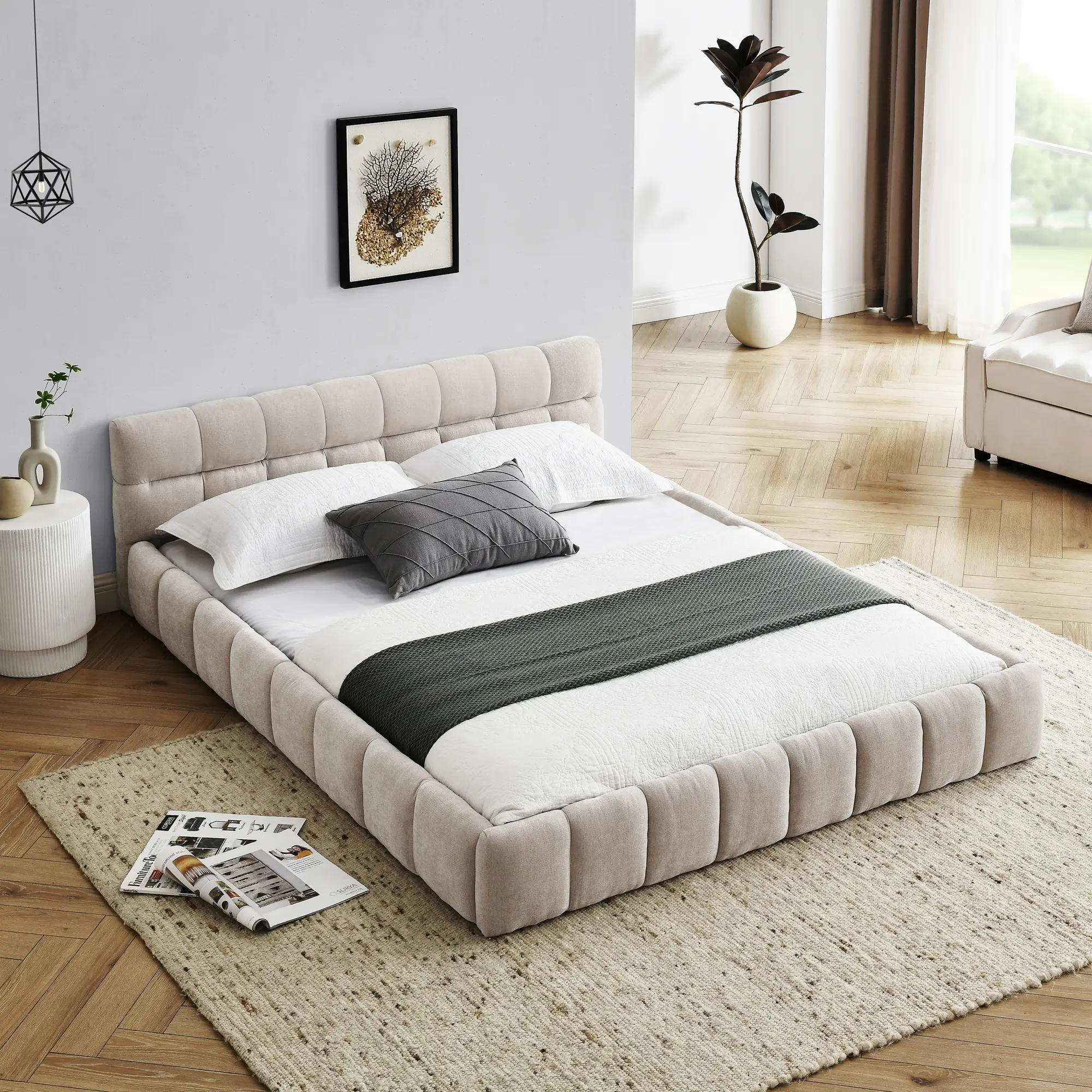 Queen Bed Frame with Headboard, Chenille Upholstered Low Profile Floor Bed Frame for Queen, Solid Wood Mattress Foundation No Box Spring Needed, Bed Frames For Queen