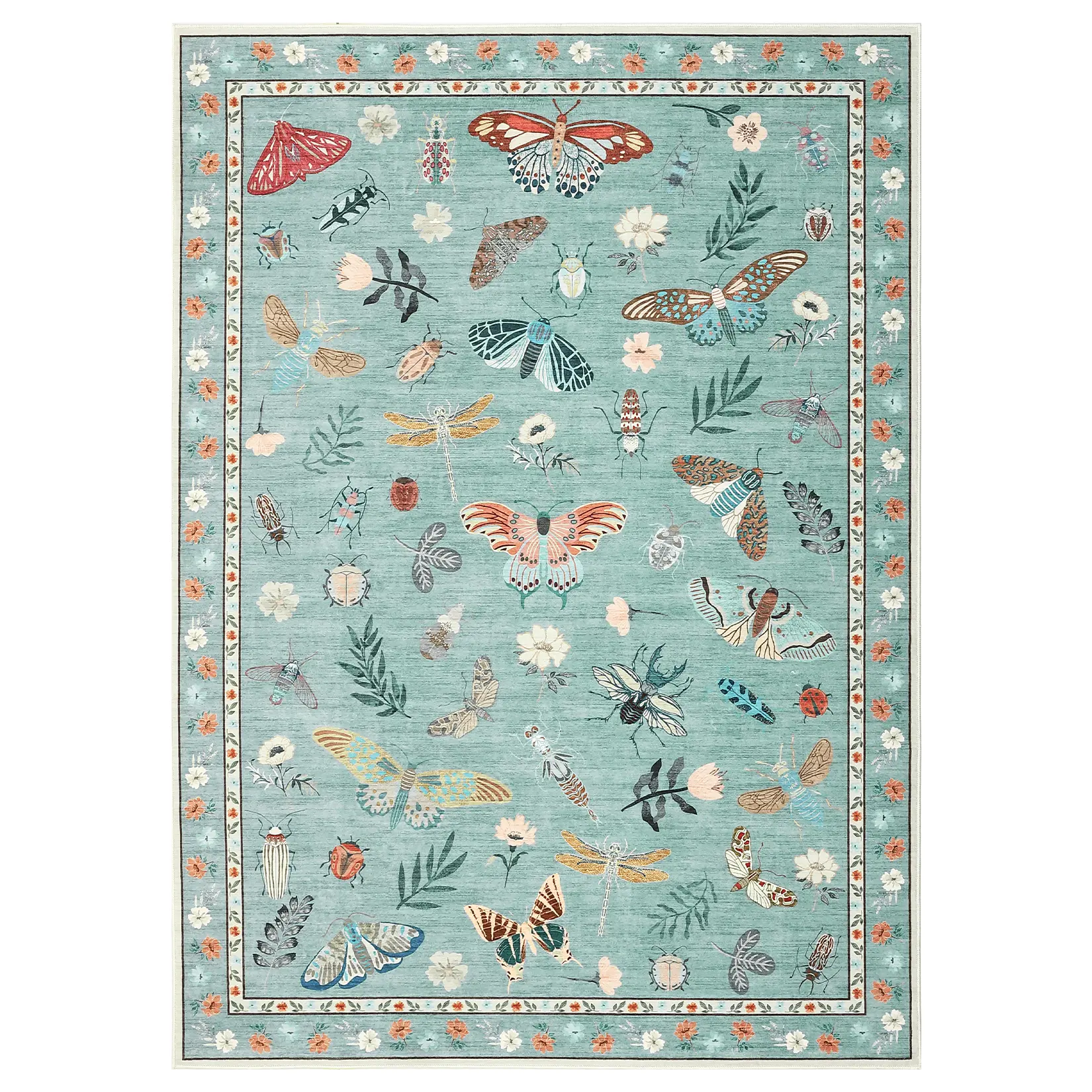 9 x 12 ft Polyester Green Rectangular Area Rug, Modern Summer-Theme Patterned Animal-Themed Puppy-Proof Rip-Resist Rug, Machine Washable for Living Room, Bedroom, Animal-Themed Area Rugs, Patterned Area Rugs