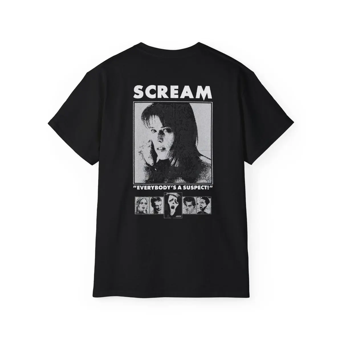 "Everybody's a Suspect" - Scream Movie T-Shirt with Sidney Prescott and Suspects, Movie Shirt, Fashion Cotton, Full Colors, Full Sizes, For Men, For Women