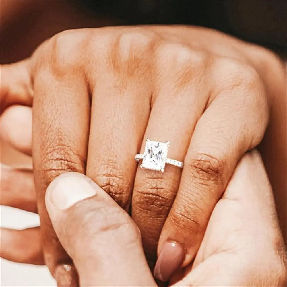 Classic Rectangle Stone Rings For Women Silver Color Geometric Square White Zircon Wedding Bands Engagement Bridal Jewelry