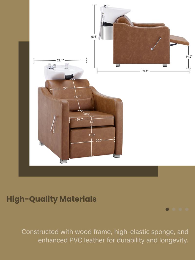 BarberPub Backwash Shampoo Station Chair, Ceramic Hair Wash Bowl for Salon 9364