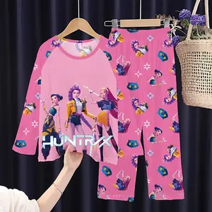 Clothing Devil Hunter Long sleeved Pajama Set, Cartoon Anime Printed Youth Long sleeved Pajama Children's Pajama Girls Middle aged Children Long sleeved Pants Girls Cartoon Witch Hunter Team Home Furnishing Set