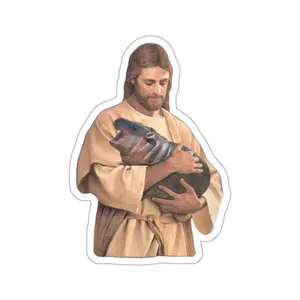 Funny Meme Sticker, Jesus Holding Moo Deng the Hippo Joke Laptop Decal, Moo Dang Gift Water Bottle Kiss Cut Sticker