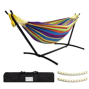 Double Hammock with Stand Included 450lb Capacity Steel Stand, Premium Carry Bag Included.Indoor Outdoor Brazilian-Style Cotton Bed for Backyard, Camping,Garden durable
