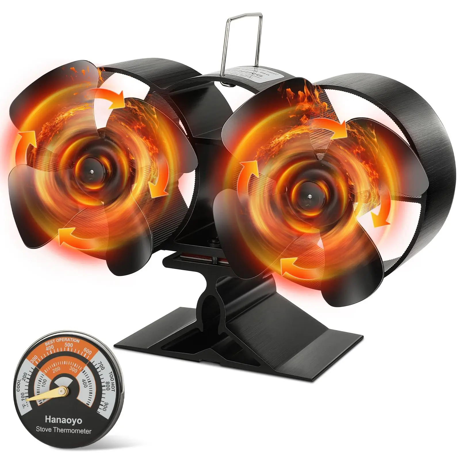 Dual Motor Enhanced Heat Distribution Stove Fan, Quiet Operation Environmental Fan with Thermometer, Outdoor Fireplace Accessories for Wood