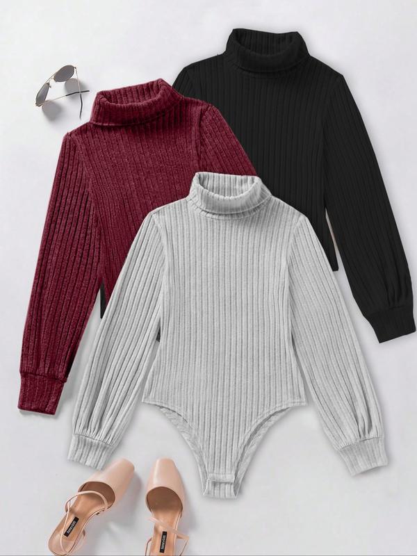 Women's Fall Winter 3-Piece Set, Fashionable Slim Fit Ribbed High Neck Fleece Lined Long Sleeve Bodysuit, Comfortable Underwear