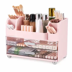 Pink Makeup Organizer for Vanity with Brush Holder, Large Bathroom Countertop Cosmetic shelf Storage for Lipsticks, Nail Polishes, Perfumes, Eyeshadow Palettes, Dustproof Home Organizer for Skin Care & Desk Jewelry box multi-layer design durable