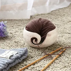 Handcrafted White Ceramic Knitting and Crocheting Yarn Storage Bowl, Holder with Swirl Design