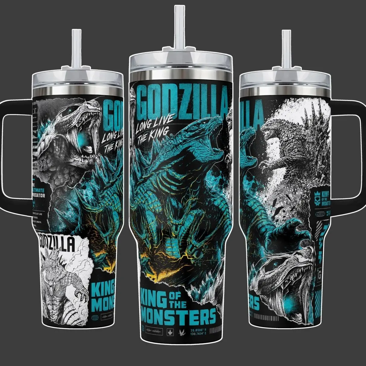 Godzilla King of the Monsters Kaiju Tumbler Cup, Blue Black Monster Full Wrap Stainless Steel Insulated Tumbler 20oz/40oz With Straw Lid Included, 40oz Handle Option