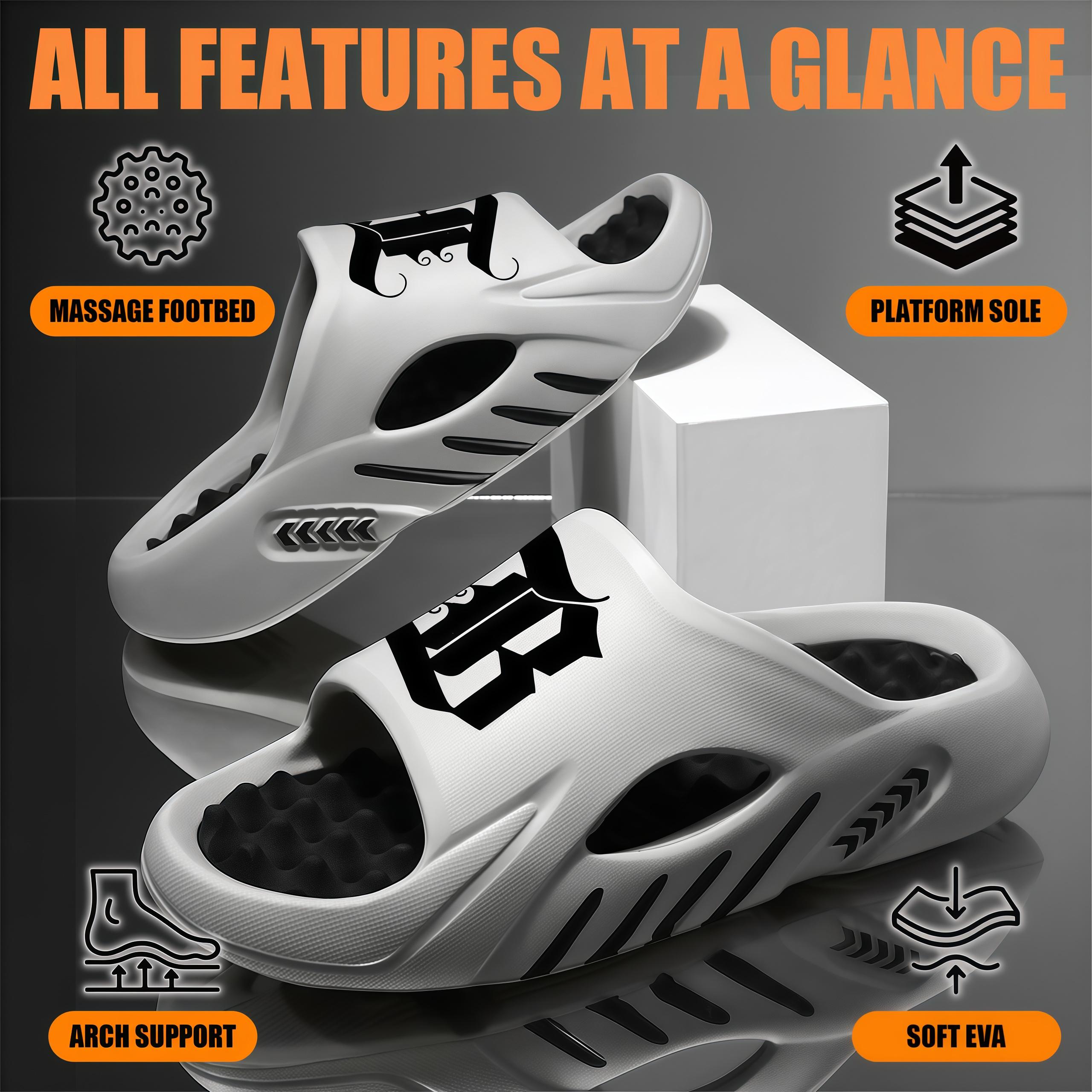 Men’s Urban Gothic Slides in Slate Grey – Trendy “B” Letter Graphic Streetwear Sandals – Premium Massage Footbed Recovery Slippers – Lightweight Non-Slip Thick Sole Slides for Men