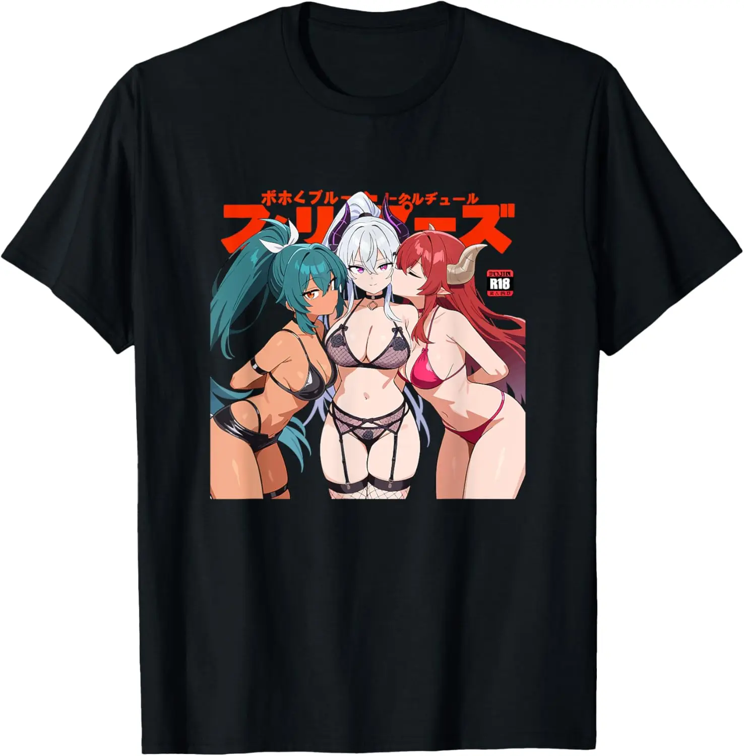 Sexy Anime Kissing Girls Horns Japanese Manga Style Summer Casual Shortsleeve Cotton T-Shirt