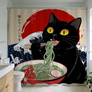 1 Pc Black Cat Eating Ramen Bathroom Decor Creative Art Japanese Style Home Renovation Unique Print Patterns Bold Colorful Design Inviting Atmosphere Trendy Shower Curtain Home Upgrade Stylish Remodeling Perfect for Fun Bathroom Interiors