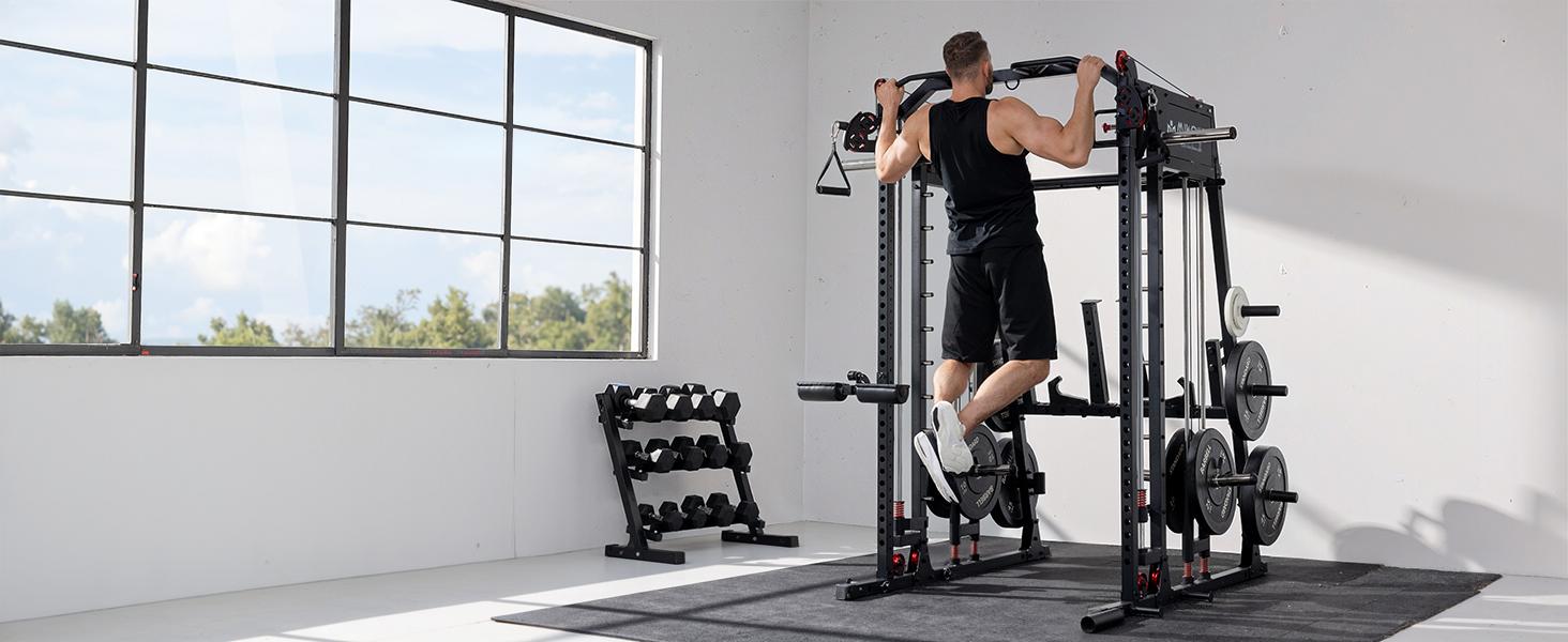 Smith Machine, 2200lbs Squat Rack with LAT-Pull Down System & Cable Crossover Machine, Training Equipment with Leg Hold-Down Attachment
