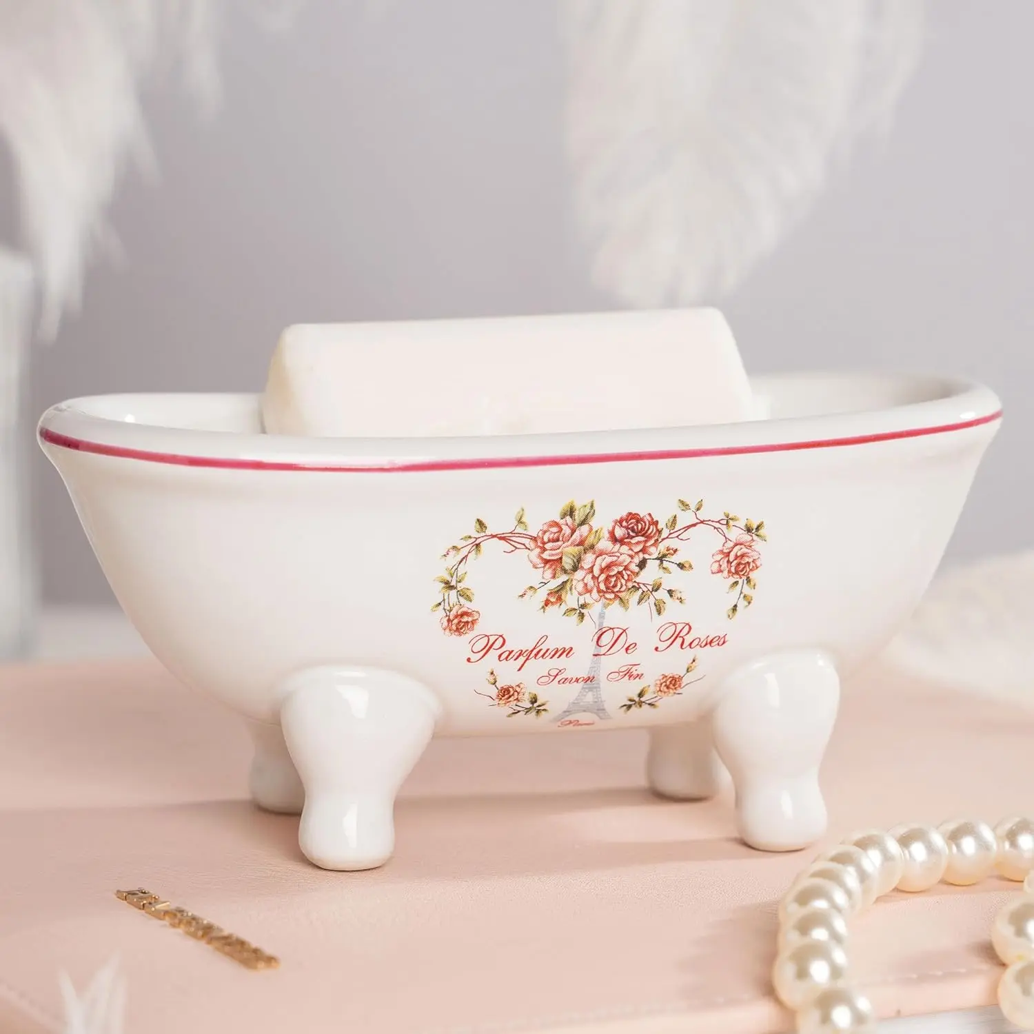 1-Count 5.7in Mini Ceramic Clawfoot Double-Ended Bathtub Soap Dish, Decorative Bathroom Accessories (Style 01)