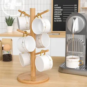 Bamboo Handcrafted Mug Tree Racks, Sturdy Durable Kitchen Countertop Organiser with Thick Base, 6-Hook Storage