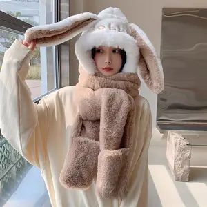 Big Ears Rabbit Hat Gloves Scarf Three-Piece, Thickened Warm One-Piece Scarf