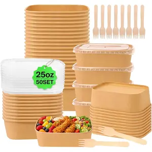 50 Pack 25 oz Paper  Containers with , Meal Prep Containers Disposable Large Paper Bowls, Microwavable and Freezer Storage Use Cardboard  Containers
