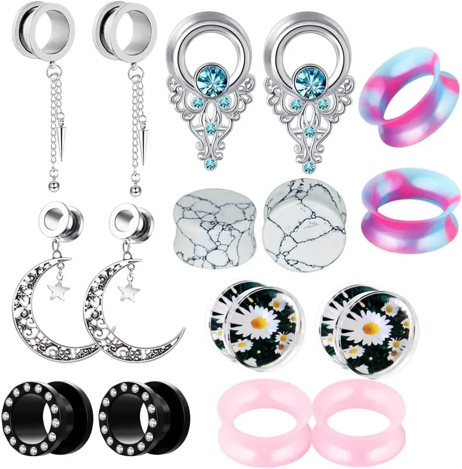8 Pairs 00 Gauges for Women Dangle Plugs Ear Tunnels Moon Star Silicone Earrings Stretcher Stone for Ear 0g 2g -16mm 5/8'' Inch