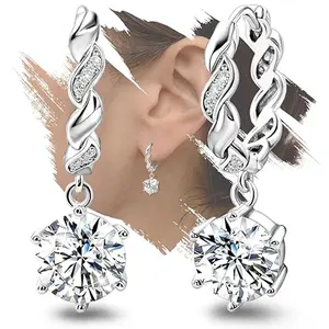 Sterling Silver Round Dangle Hoop Earrings for Women - Hypoallergenic Sparkle Cubic Zirconia Loop Dangling Earrings Classic Fashion Jewelry Gifts for Her Birthday Christmas