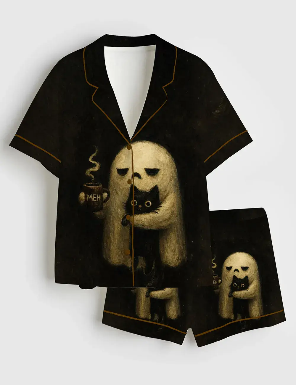 Women’s Dark Aesthetic Ghost Holding Black Cat Halloween Coffee Short & Long Sleeve Silky Satin Pajama Set