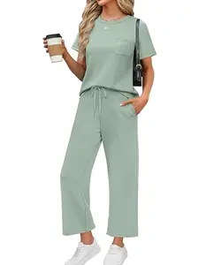 2 Piece Sets for Women Casual Summer Travel Vacation Outfits Short Sleeve Elastic Wide Leg Crop Pants Lounge Sets