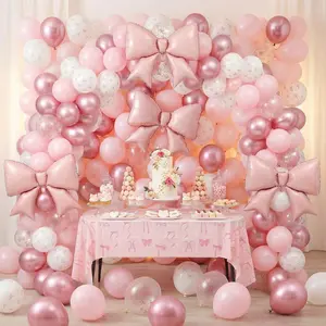 112pcs Pink Bow Balloon & Tablecloth Party Set with Giant & Coquette Print Balloons