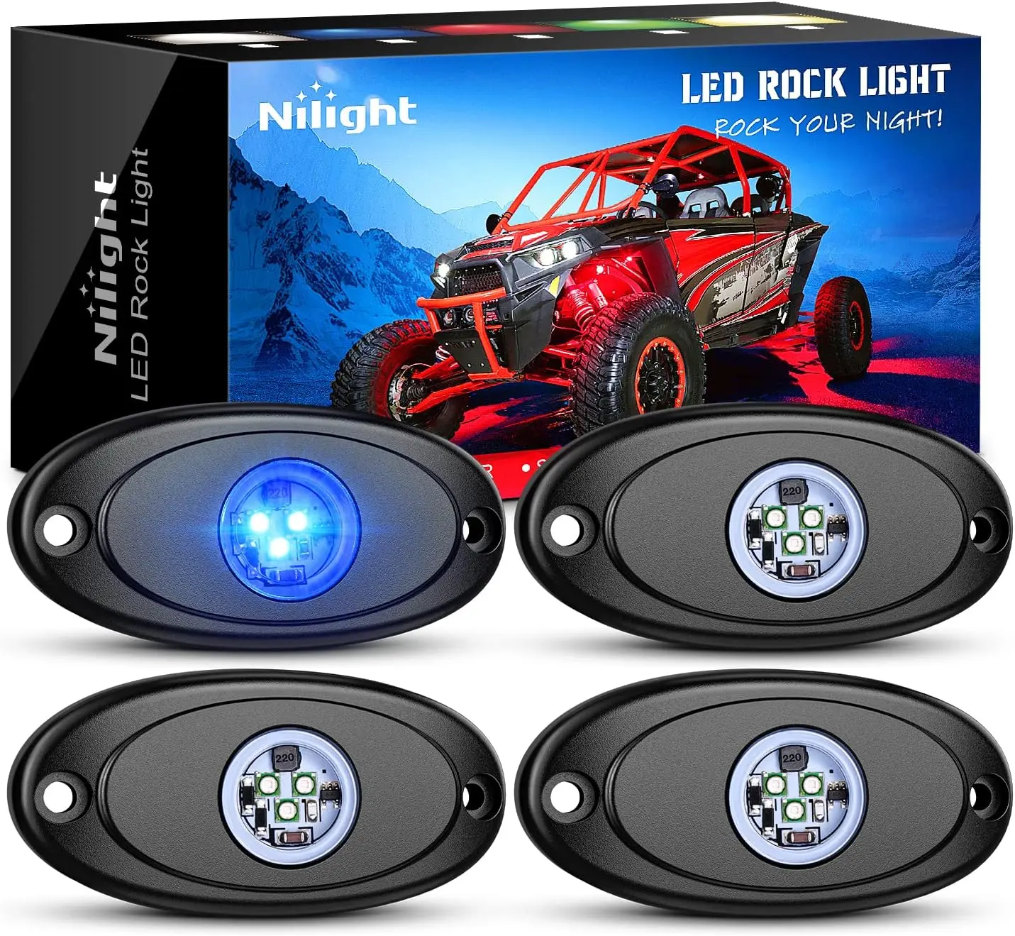 Nilight 4PCS Blue LED Rock Lights - Aluminum Construction, Bright Light, Sealed Waterproof, Car Ambient Lighting, Underbody Vehicle Accessories for ATV/UTV Wheel Well Use