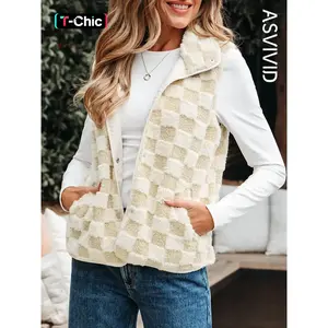 Women's Casual Elegant Stand Collar Plaid Jacket Coat, Faux Shearling Button Pocket Design, Fall Winter Fashion Outerwear