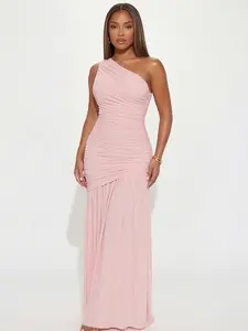 Belinda One Shoulder Mesh Cut Out Draped Maxi Dress – Women’s Sexy Backless Bodycon Evening Dress, Sheer Mesh Ruched Split Maxi Dress, Vacation Birthday Date Night Outfit