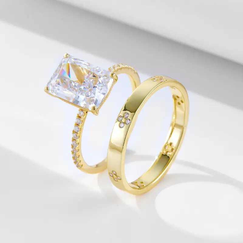 2-Piece Square Flower Cubic Zirconia Ring Set - Ladies' Engagement, Wedding & Anniversary Ring, Luxury Daily Wear Gift Geometric Rings