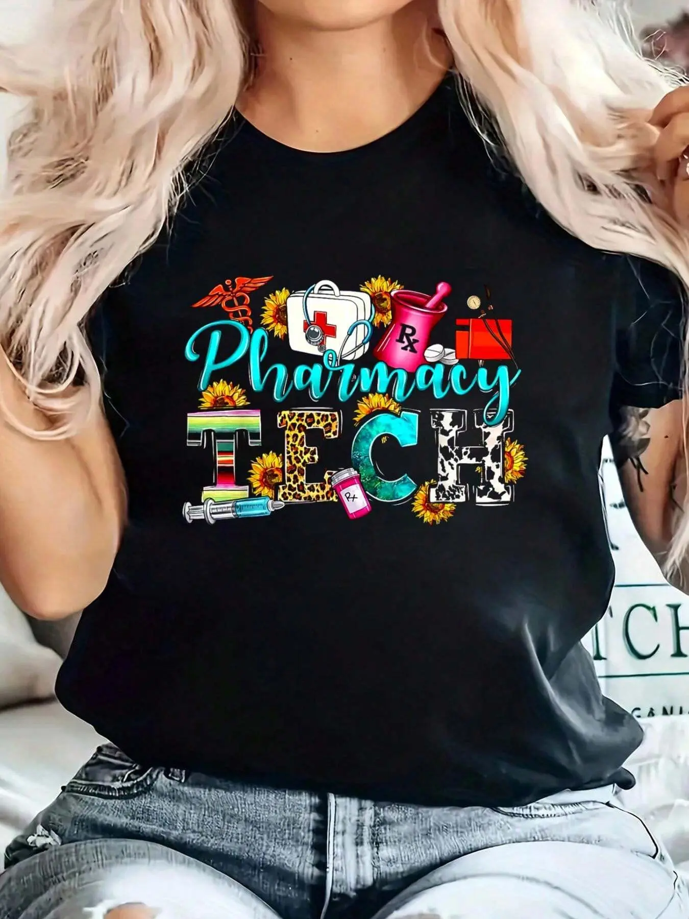 Retro Leopard Pharmacy Tech Pharmacist Certified Pharm Tech Summer Casual Shortsleeve Cotton T-Shirt
