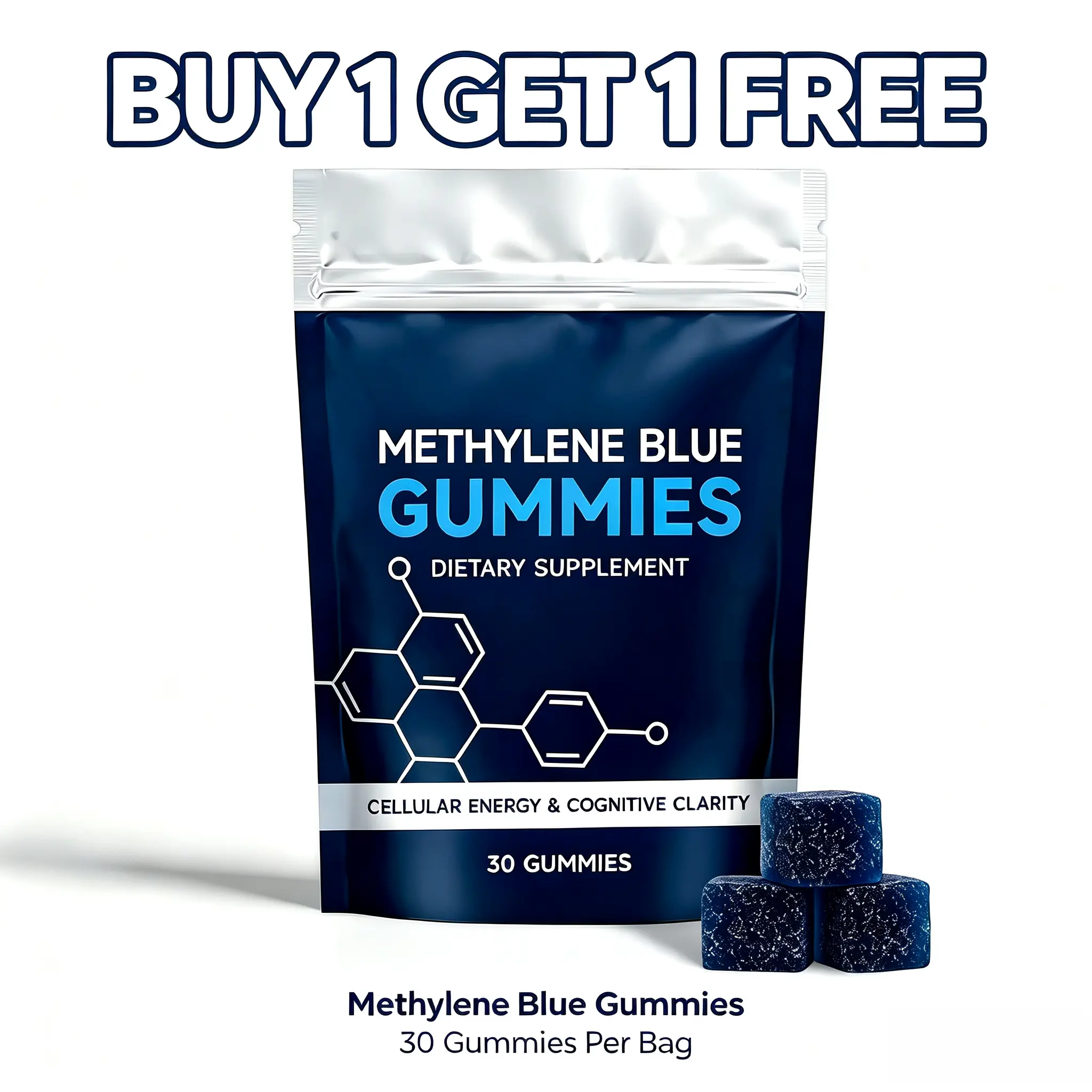 【 Buy 1 Get 1 Free 】 Methylene Blue Gummies Dietary Supplement, Supports Cognitive Function, Cellular Energy, Mental Clarity, Focus & Natural Antioxidant Activity, 30 Gummies Each Bag